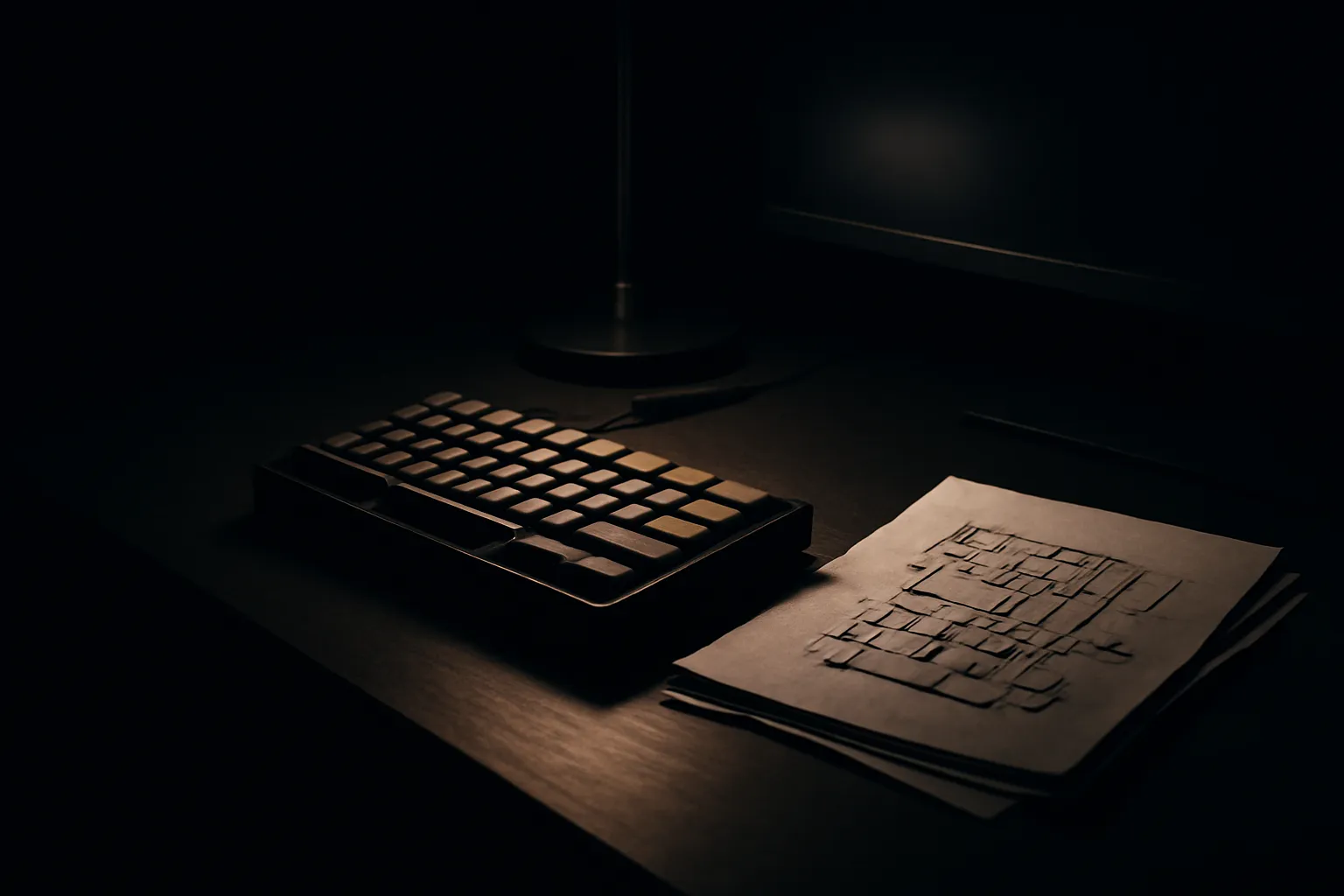 Duotone documentary photograph of the SmartLogic SEO workspace